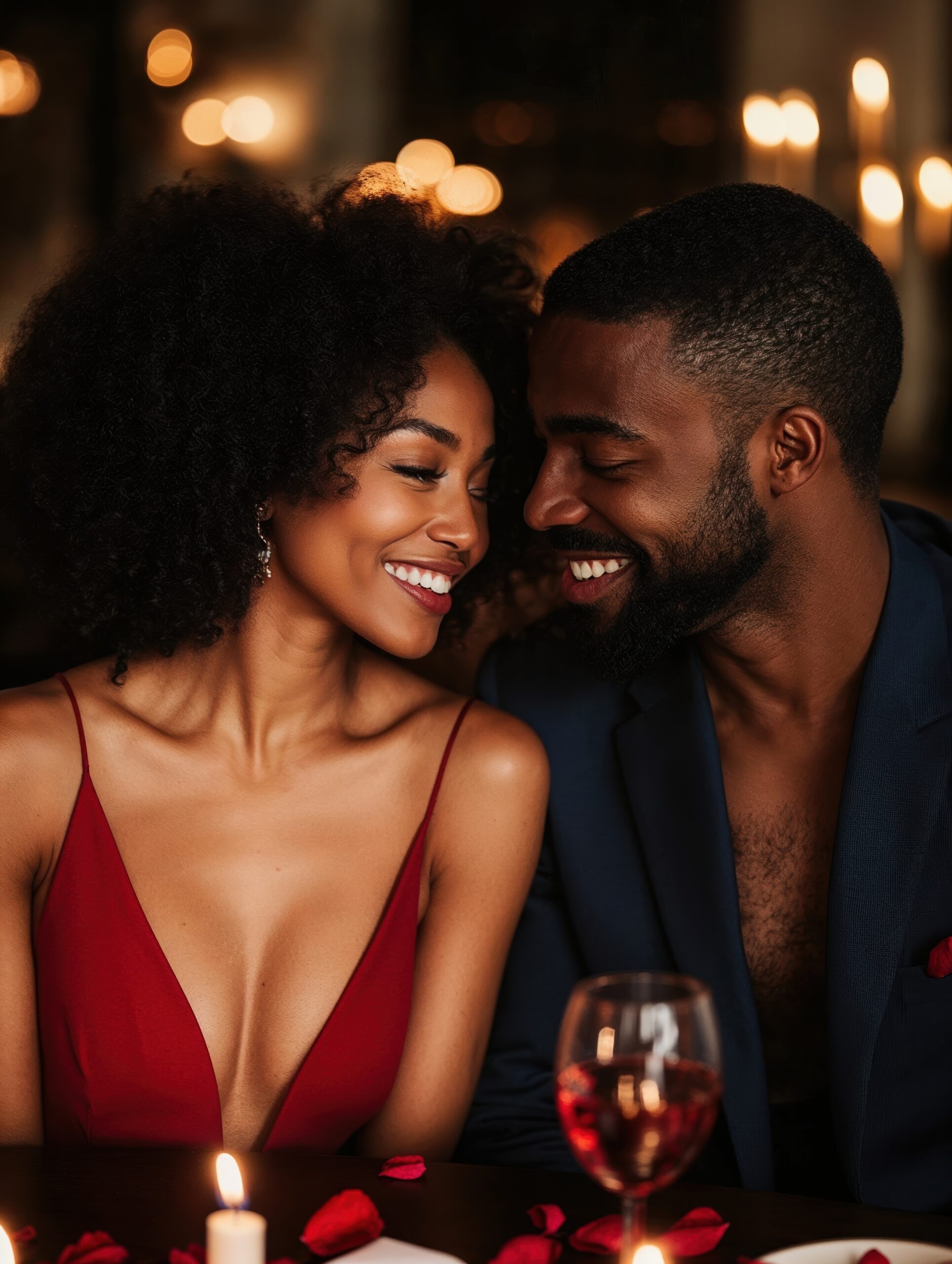 A man and a woman are sitting at a table with a glass of wine in front of them. Valentines Day